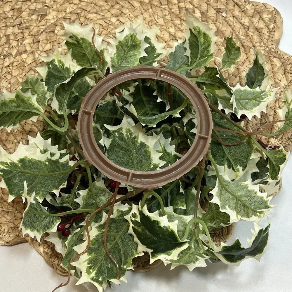 Vintage Candle Ring Centerpiece Wreath Variegated Green White Holly Red Berries